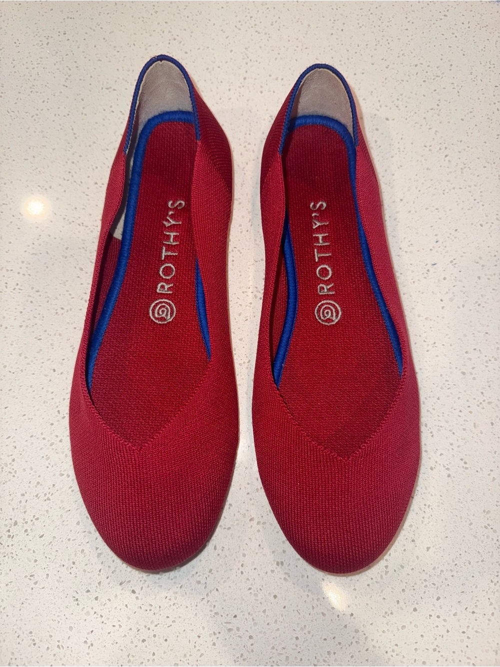 Rothy's The Flat Red Knit Ballet with Blue Trim